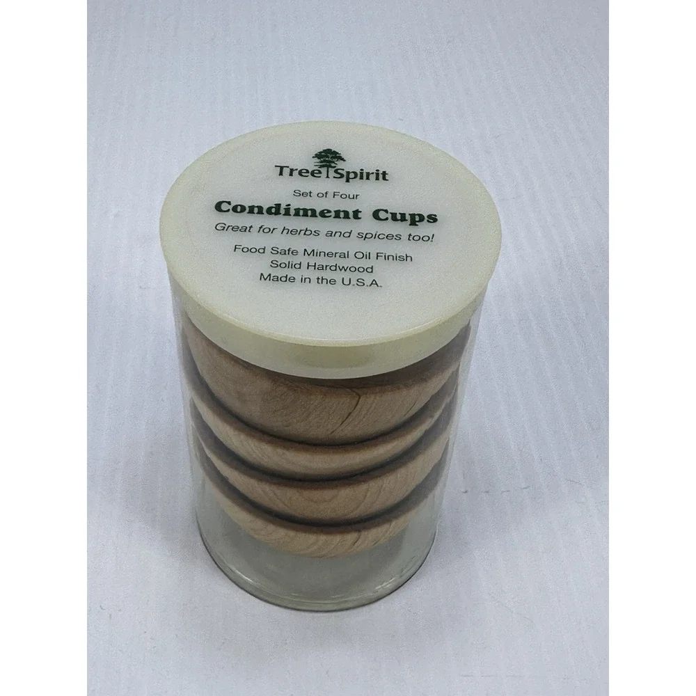 Vintage Tree Spirit Set 4 Small Wooden Condiment Cups Sauce Herds & Spices USA